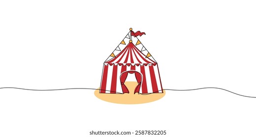 Minimalist illustration of a circus tent with red and white stripes, a waving flag, and decorative bunting on a white background. Vector illustration