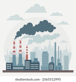 Minimalist Illustration of a City with a Factory Emitting Polluting Smoke