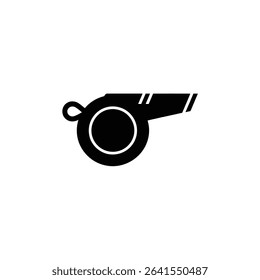 Minimalist illustration of a classic black whistle, featuring a lanyard loop, two parallel white stripes for detail and streamlined design on a white background.