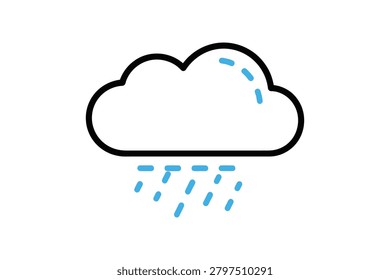 A minimalist illustration of a cloud with a black outline and light blue raindrops falling from it on a white background