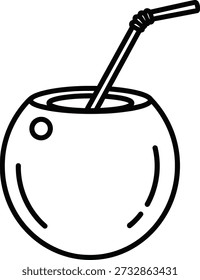 Uma ilustração minimalista de um coco com uma palha inserida nele, provavelmente representando uma bebida tropical refrescante