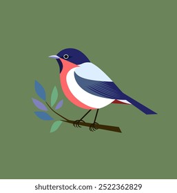 Ilustración minimalista de un pájaro colorido en una rama, con tonos vibrantes de azul, rosa y blanco sobre un fondo verde