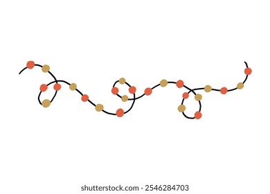 Ilustración minimalista de una cadena colorida de luces sobre un fondo blanco, con bombillas rojas y naranjas. Perfecto para proyectos de diseño festivos, de vacaciones o decorativos