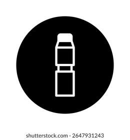 Ilustração minimalista do ícone de tubo de batom cosmético contra fundo preto circular para beleza e design de produto