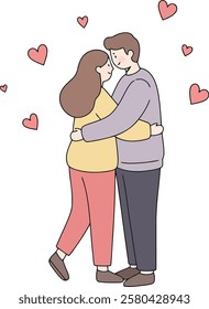 Minimalist illustration of a couple standing and hugging each other, small hearts flying around them, white background	