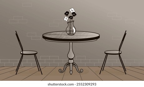 Minimalist illustration of a cozy cafe interior with a round wooden table, two chairs, and a vase of flowers on a textured wall background. Warm tones and simple lines create a calm atmosphere.