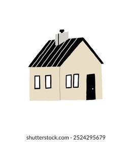 Ilustração minimalista de uma casa acolhedora com um telhado preto e chaminé em um fundo branco, perfeito para conceitos de casa