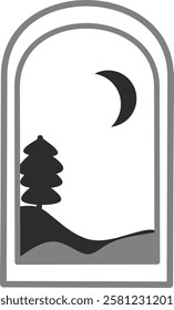 Minimalist illustration of a crescent moon in the night sky, with silhouettes of pine trees on a hill. Serene, perfect for nature-themed designs or calming backgrounds.