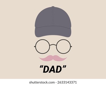 A minimalist illustration of a dad hat, glasses, and pink mustache simple art with round spectacles and a casual cap on beige background, playful and modern.