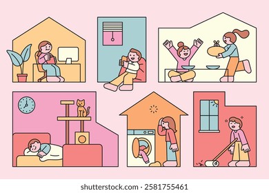 Minimalist illustration of daily home activities, including working, cooking, cleaning, and relaxing. A cozy and cheerful depiction of everyday life, self-care, and family moments. 