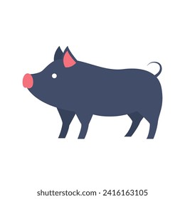 ilustración minimalista de un cerdo azul oscuro con orejas y hocico rosa claro. La cola del cerdo es pequeña y se riega en la parte trasera. Tiene dos pequeños ojos blancos