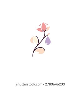 A minimalist illustration of a delicate flower stem with soft pastel petals, leaves, and a single purple water droplet. Ideal for beauty, wellness, or nature themes.