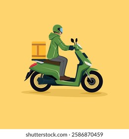 Minimalist illustration of a delivery rider with scooter or motorcycle in green theme, ideal for food or package delivery