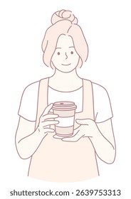 A minimalist illustration depicting a barista elegantly holding a coffee cup, highlighting modern cafe culture