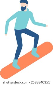 Minimalist illustration depicting a bearded man snowboarding down a snowy slope, capturing the essence of winter sports and outdoor activities in a dynamic and vibrant style