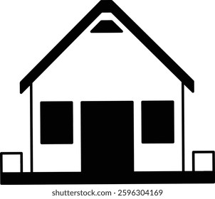 Minimalist illustration depicting a black and white house icon with two windows and a roof triangle. Perfect for architectural design, real estate concepts, and simplistic graphic representations.