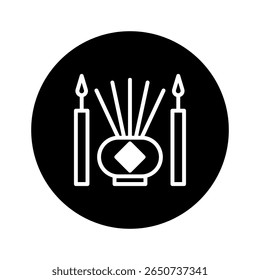 Minimalist illustration depicting candles and incense within a circle symbolizing tranquility and introspection for creative projects