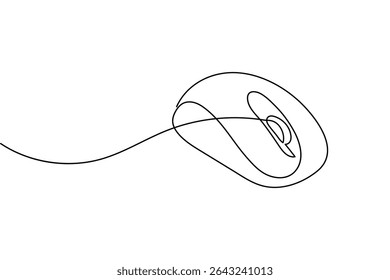 A minimalist illustration depicting a computer mouse drawn with a single continuous line. The design is simple yet recognizable.