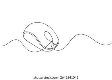 A minimalist illustration depicting a computer mouse drawn with a single continuous line. The design is simple and elegant, suggesting movement and fluidity.