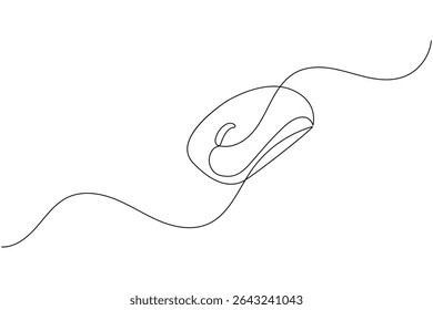A minimalist illustration depicting a computer mouse drawn with a single continuous line. The design is simple and elegant.