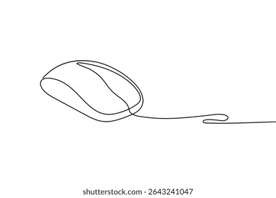 A minimalist illustration depicting a computer mouse drawn with a single continuous line. The design is simple and elegant.