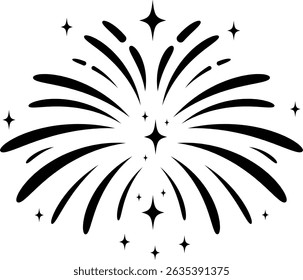 A minimalist illustration depicting a fireworks explosion in black and white.  The design features radiating lines and small stars, ideal for celebratory designs.