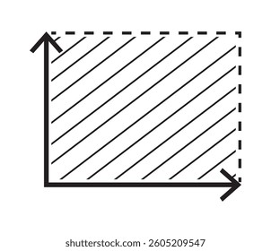 A minimalist illustration depicting a hatched rectangular area defined by axes and dashed lines, symbolizing measurement or calculation. Abstract graphic representing area measurement with axes and hatching