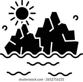 A minimalist illustration depicting a melting iceberg under a sunny sky.  Represents climate change vector icon glyph style
