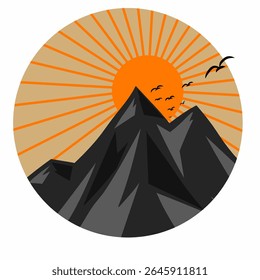 Uma ilustração minimalista representando uma cena de montanha natural com um nascer do sol laranja brilhante brilhando dentro de um quadro circular