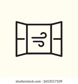 A minimalist illustration depicting an open window with wind currents signifying fresh air flow ventilation and comfort in a clean design