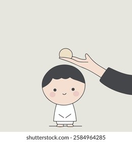 A minimalist illustration depicting a small, cheerful character in a white outfit standing beneath a hand that is offering a round object. 