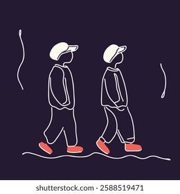 A minimalist illustration depicting two figures walking side by side. Both figures are outlined in white and wear caps, with their feet highlighted in a bright orange color. 