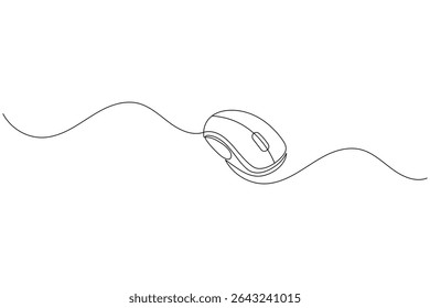 A minimalist illustration depicts a computer mouse drawn with a single continuous line against a white background. The line flows smoothly, creating a visually appealing design.