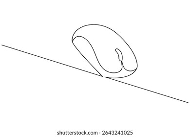 Uma ilustração minimalista representa um mouse de computador deslizando para baixo em uma linha diagonal, criada com uma única linha contínua.