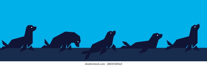 A minimalist illustration depicts a row of five dark blue seals against a bright blue background. The seals are stylized with geometric shapes and appear to be on a dark blue surface.