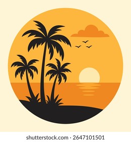 Uma ilustração minimalista retrata uma cena de praia serena com silhuetas pretas de palmeiras contra um pôr do sol laranja vibrante e água do oceano calma.