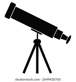 The minimalist illustration depicts a solid black telescope mounted on a tripod, ready to explore the cosmos; provided on transparent background for easy placement on projects.