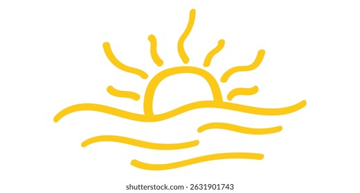 A minimalist illustration depicts a yellow sun setting over wavy ocean lines. Simple, childlike drawing style, symbolizing summer, beach, and warmth.