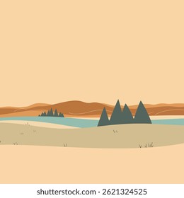 A minimalist illustration of a desert landscape with mountains, cactus, and stylized plants against a soft beige background.
