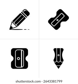 A minimalist illustration displaying four different images of stationery, including a pencil drawing a line and three different pencil sharpeners, isolated on a white background.