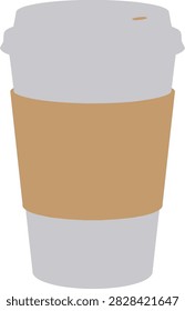 Minimalist illustration of a disposable coffee cup with a brown cardboard sleeve and white plastic lid isolated on white background. Perfect for cafe and food design.