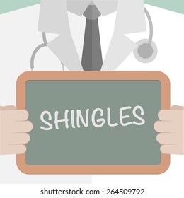 minimalist illustration of a doctor holding a blackboard with Shingles text, eps10 vector 