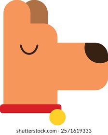 Minimalist illustration of a dog's head in profile, featuring a red collar with a yellow tag, simple shapes, and a closed eye.