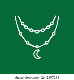 A minimalist illustration of a double stranded necklace with a crescent moon pendant against a solid green background Simple refined jewelry