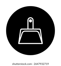 Minimalist illustration of a dustpan emblem against a stark black circle background evoking cleanliness and hygiene
