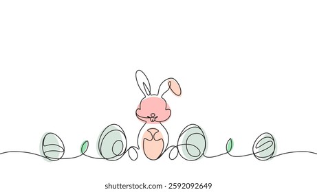 Minimalist illustration of an Easter bunny with pastel-colored eggs, emphasizing a playful and festive seasonal theme.