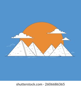 A minimalist illustration of the Egyptian pyramids with a bright orange sun and fluffy white clouds against a blue sky.
