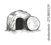 Minimalist illustration empty tomb of Jesus Christ symbolizing resurrection, hope. Christian Easter concept with open stone tomb, soft warm tones, spiritual, biblical theme. Vector