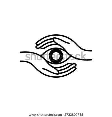 Minimalist illustration of an eye symbol with two hands cupping it, representing protection and vision.
