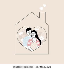 Minimalist illustration of a family with mom, dad and child inside a house, symbolizing home ownership, mortgage, family protection and insurance in a modern conceptual style.